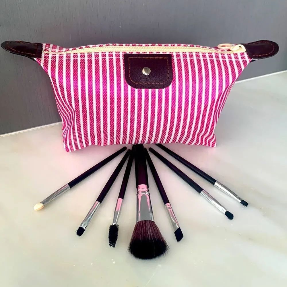 Pink & White Striped Canvas Zippered Pouch, Travel Makeup Brush Set